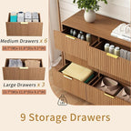 9 Drawer Dresser for Bedroom with Deep Drawers, 63" Wide Wood Dresser, Large Floor Chest of Drawers, Modern Long TV Stand, Mid Century Storage Cabinet Side Table, Natural