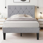 VECELO Twin Bed Frame with Button Tufted Headboard, Upholstered Platform with Wooden Slat Support, No Box Spring Needed, Linen Grey