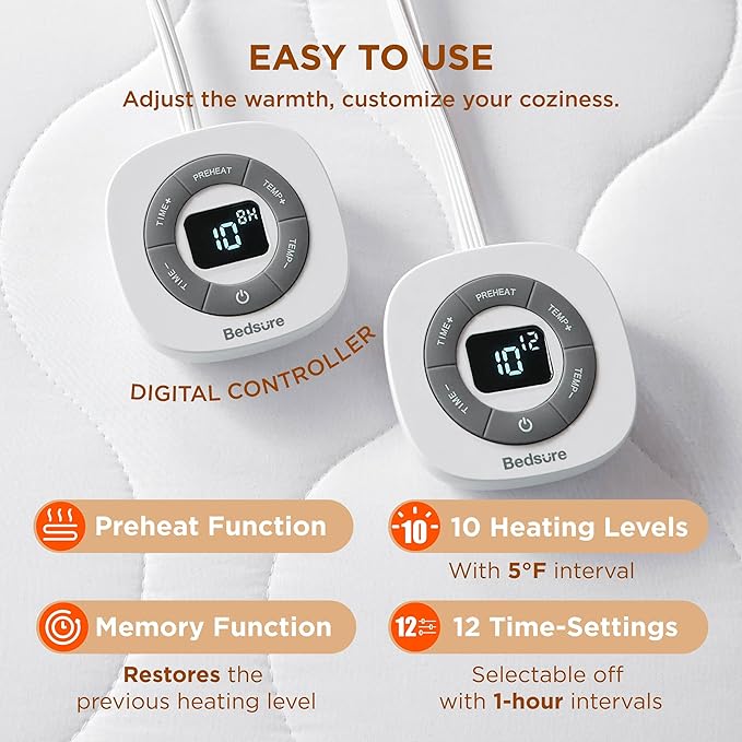 Bedsure Waterproof Heated Mattress Pad King - Cotton Bed Warmer with Memory & Preheat Functions, 10 Heat Settings & 12 Hour Shut Off, Dual Controller, Electric Mattress Pad King, 78"x80"
