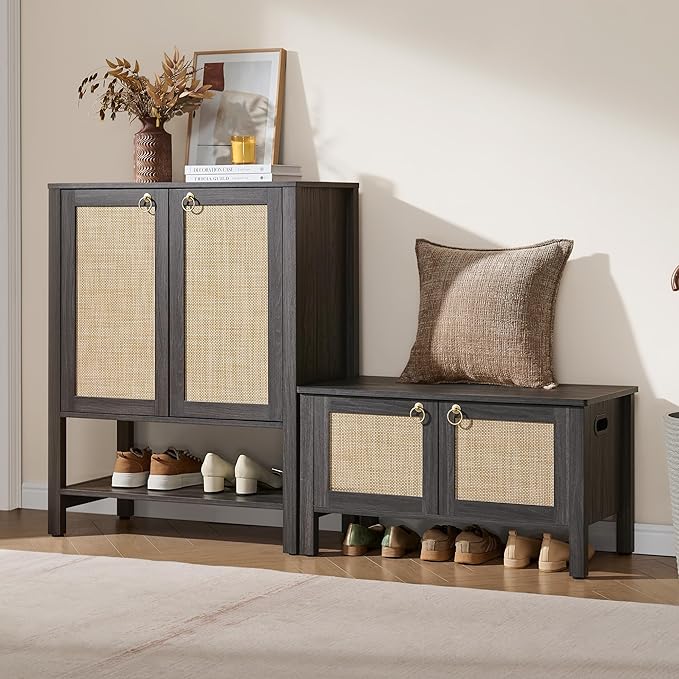 SICOTAS Shoe Cabinet with Storage - 3 Pieces Farmhouse Boho Shoe Organizer with Rattan Doors & Shelves, 5 Tier Free Standing Shoe Rack Storage Cabinet for Entryway, Hallway, Foyer, Closet (Obsidian)