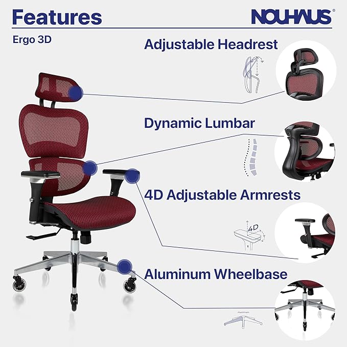 Nouhaus Ergo3D Ergonomic Office Chair Lumbar Support Mesh Office Chair with 4D Adjustable Armrest, Adjustable Headrest and Wheels, Mesh High Back Home Office Desk Chairs(Burgundy)