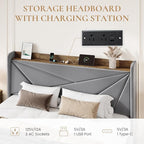 SHA CERLIN King Size Bed Frame with 3 Drawers, USB & Type-C Charging Ports, Velvet Upholstered Platform Bed with Modern Geometric Wingback Storage Headboard, No Box Spring Needed, Easy Assembly, Grey