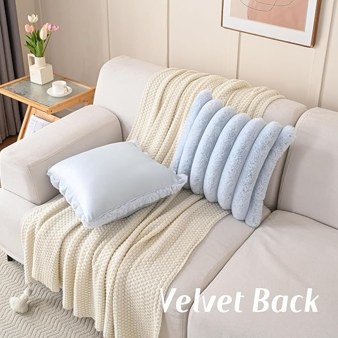 FUTEI Light Blue Decorative Throw Pillow Covers 18x18 Inch Set of 2, Square Soft Faux Rabbit Fur Thick Striped Cushion Cover,Winter Home Decor for Couch Bed Living Room