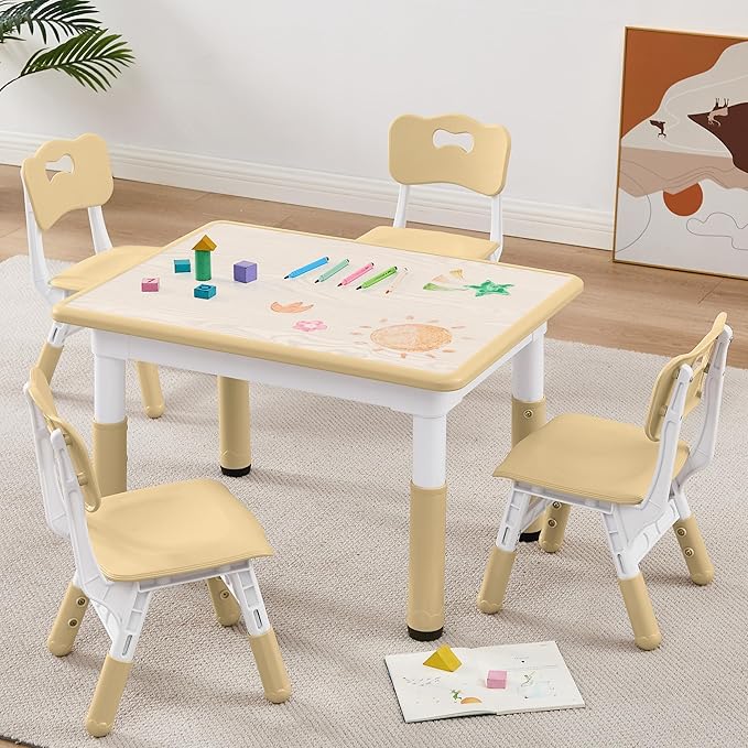 Adjustable Kids Table Chairs Set – Graffiti Desktop, Multi-Activity Height-Adjustable Toddler Study Desk for Ages 3-8 – Ideal for Home, Classroom, Daycare (W-Brown, 4 Chairs-31.5" L x 23.6" W)