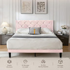 Queen Size Platform Bed Frame with Velvet Upholstered Headboard and Sturdy Wooden Slats Support,Mattress Foundation，Easy Assembly, No Box Spring Needed,Slip Resistant (Pink, Queen)