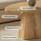 Oval Coffee Table, 47-Inch Living Room Table with Polygonal Pedestal, Modern Center Accent Furniture, Child-Friendly, Easy to Assembly, Yellowish Brown