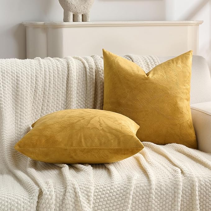 FUTEI Golden Yellow Velvet Throw Pillow Covers 20x20 Inch Set of 2,Soft Embossed Leaf-Relief Textured Cushion Cases,Natural Home Decor for Couch Living Room