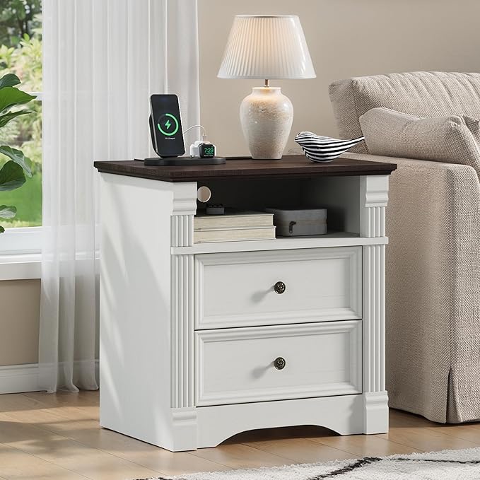 Yaamizz Farmhouse Nightstands Set of 2 with Charging Station, Table with Drawer and Storage Shelf, Wood Pilasters and Metal Handles, Vintage Design, Organizer for Bedroom, Hallway, White