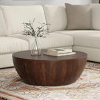 SIMPLIHOME Elmbrook Coffee Table - 34 inch Wide Solid Mango Wood Modern Industrial Round Drum Cocktail Table in Walnut Brown, Sculptural Living Room Table with Low Profile Design, Assembled
