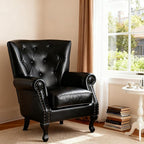 Modern Faux Leather Accent Chair, Upholstered Mid-Century Armchair with Solid Wood Legs, Single Sofa Chair for Living Room, Bedroom, or Reading Room（Black）