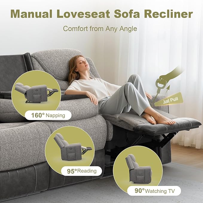Manual Recliner Sectional Sofa for Living Room, Corner Couch with Flip Middle Backrest, USB Ports & Cup Holders, Grey Linen & Chocolate Leather, 5 Seater Sectional Couch