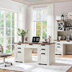RedLemon 60" Farmhouse Executive Desk, Home Office Desk with Drawers, Charging Station, Keyboard Tray, File Drawer, Storage Cabinet, Wood Rustic Computer Writing Desk (Antique White)