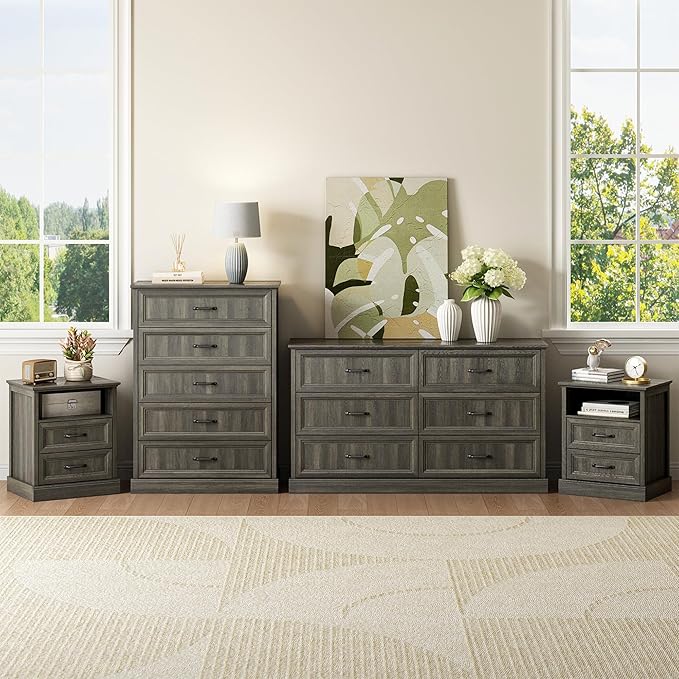 CARPETNAL Farmhouse Dresser and Nightstand Sets for Bedroom, 4 Pcs Bedroom Set, 5 Drawer & 6 Drawer Dresser and Nightstand Set of 2, Wood Chest of Drawers for Living Room, Entryway, Grey