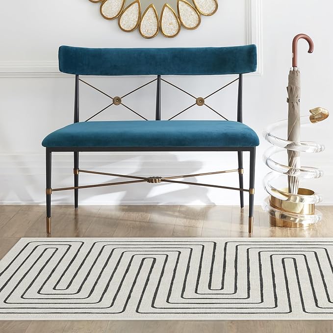 RUGGABLE x Jonathan Adler Machine Washable Modern Runner Rug – Labyrinth Black/Ivory 2.5x7, Stain-Resistant, Non-Slip – Washable Rug for Hallway, Entryway, Living Room & Kitchen–with Standard Pad
