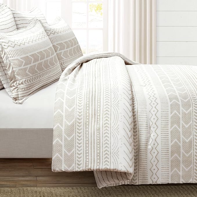 Lush Decor Hygge Geo Reversible 5 Piece Comforter Set, King, Taupe & White