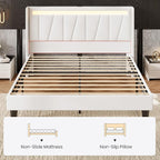 SHA CERLIN Queen Bed Frame with Charging Station and LED Lights, Modern Velvet Platform Bed with Upholstered Geometric Wingback Headboard, No Box Spring Needed, Easy Assembly, White