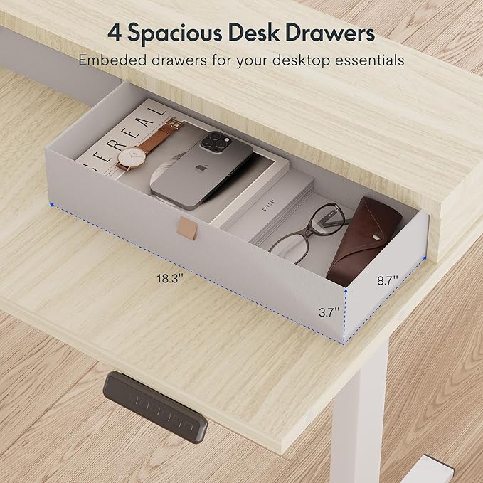 FLEXISPOT 63" L Shaped Standing Desk with Shelf Electric Corner Table, Drawers, Adjustable Computer Workstation for Home, Office,USB Charging Port, 63x55in, Light Maple Top + White Frame