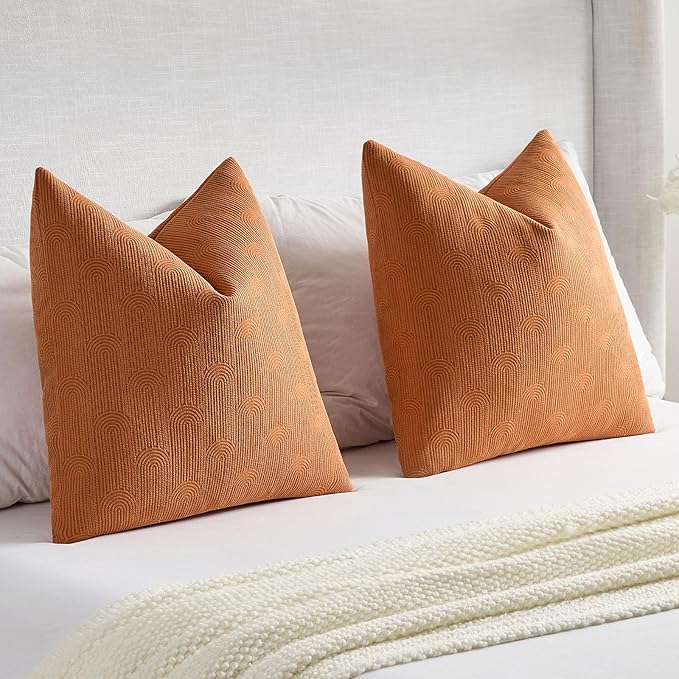 FUTEI Burnt Orange Chenille Decorative Throw Pillow Covers 12x20 Inch Set of 2,Soft Cozy Striped Geometric Patterns Lumbar Pillow Cases,Modern Home Decor for Couch Bed Living Room