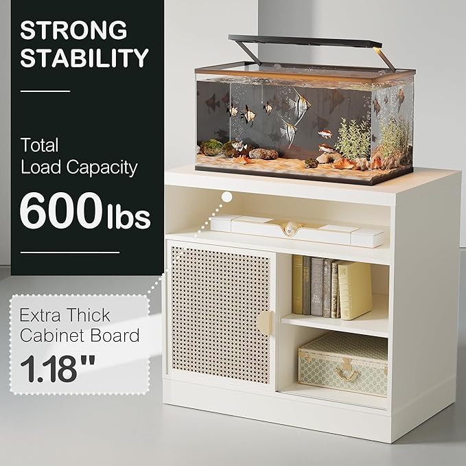 Modern Wood Accent Cabinet with Sliding Door, Adjustable Open Shelves & Gold Handle Storage Cabinet for Home Office, 31W*20D*29H, White Rattan