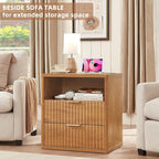 LEYAOYAO Fluted Nightstand with Charging Station, 23" Wide 2 Drawers End Table, Brown Night Stand with Open Storage Cabinet, Farmhouse Bed Side Tables, Wood Dresser for Bedroom, Living Room, Closet