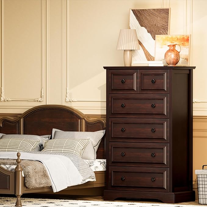 Farmhouse 6 Drawer Dresser, 48" Tall Dresser Chest of Drawers with Natural Texture & Metal Handles, Storage Dressers Organizer for Bedroom, Living Room, Hallway, Vintage Design (Cherry)