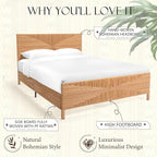 Yechen Queen Rattan Style Boho Bed Frame with Headboard and Footboard, Mid Century Modern Hand-Woven Wicker Bedframe with Vintage Pattern, Bamboo Bed with Metal Slats, No Box Spring Needed, 1000lbs