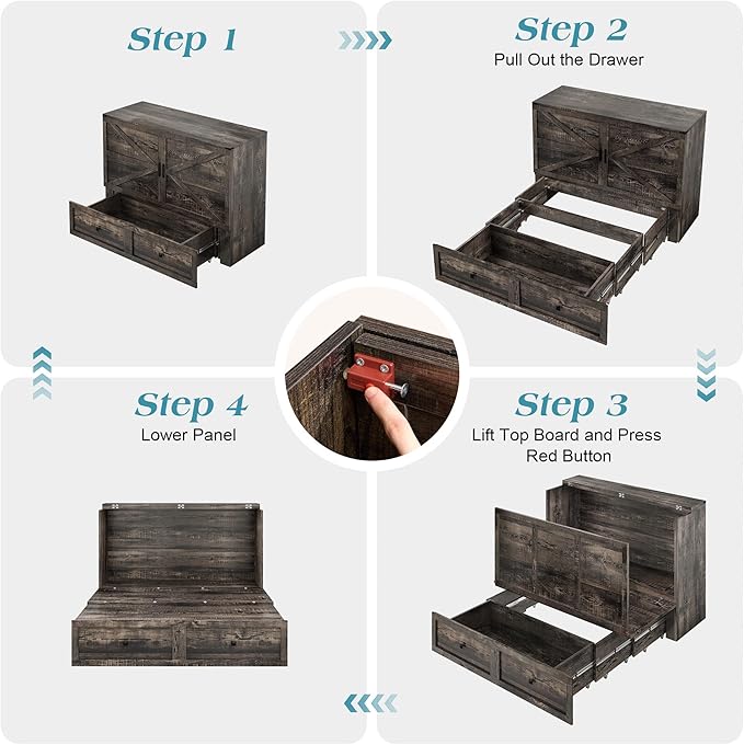 Full Murphy Bed with Storage and Charging Station, Farmhouse Cabinet Bed, Noise-Free, for Guest Room, Apartment, or Office, Black Oak