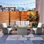 HUMMUH Patio Furniture Set with Fire Pit Table 5-Piece Wicker Outdoor Swivel Rocker Patio Chairs High Back Outdoor Couch Conversation Set for Porch, Backyard, Deck