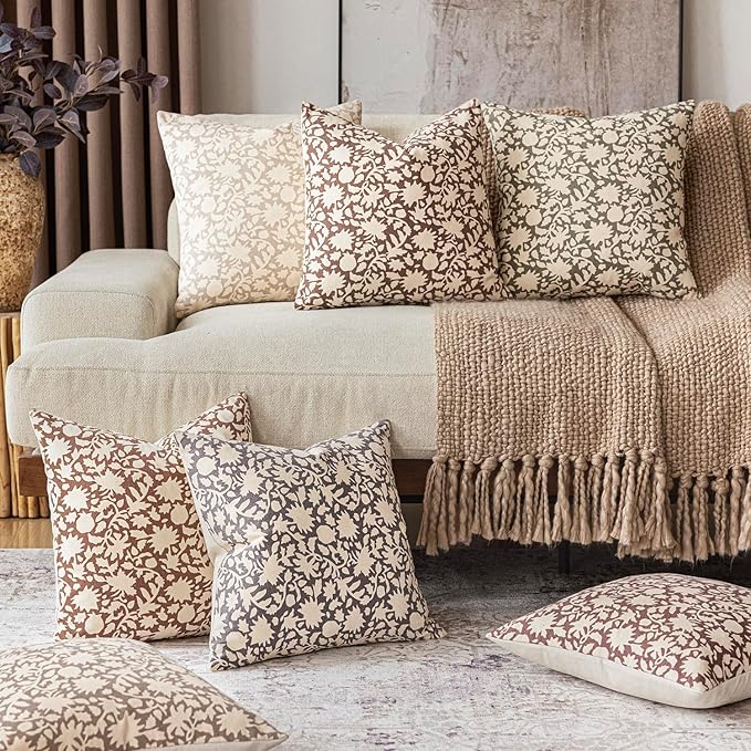 Foindtower Set of 2 Decorative Neutral Floral Throw Pillow Covers Accent Farmhouse Cushion Covers Boho Vintage Pillowcase for Couch Sofa Bedroom Living Room Home Decor,20×20 Inch,Wine Red