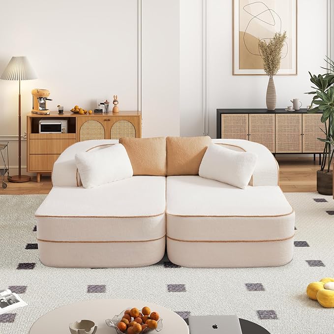 Cloud Sectional Sofa Modern Boneless Couch for Living Room, Comfy Deep Seat Comfy Teddy Fabric Double Sofa Chaise No Assembly Required (White, 77.2" Double Chaise Lounge)