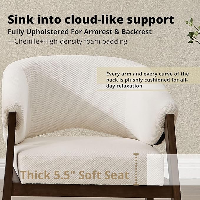 Mid-Century Modern Accent Chair Set of 2, Comfy Barrel Armchair Living Room Chair for Bedroom, Upholstered Lounge Chairs for Reading Nook Office, White Chenille, Wood Legs