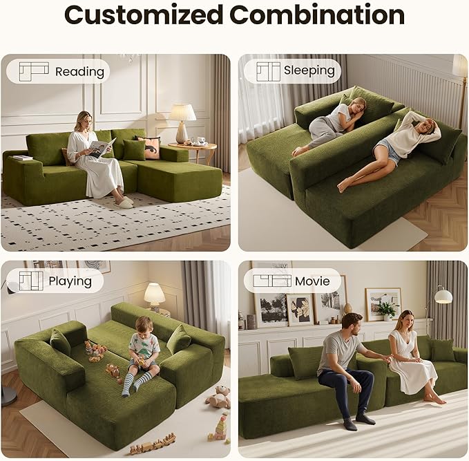 104" Cloud Sectional Couch with Chaise, Boneless L-Shaped Cloud Couch with Deep Seat, Modern Minimalist Sofa, Assembly Free Comfy Sofa for Office Living Room Study Room Apartment(Green, Right Chaise)