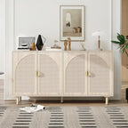 Beige Sideboard Cabinet with 4 Rattan Doors, Rattan Buffet Cabinet with Adjustable Shelves & Pine Legs, Boho Sideboard Buffet for Living Room, Kitchen, Entryway, Beige