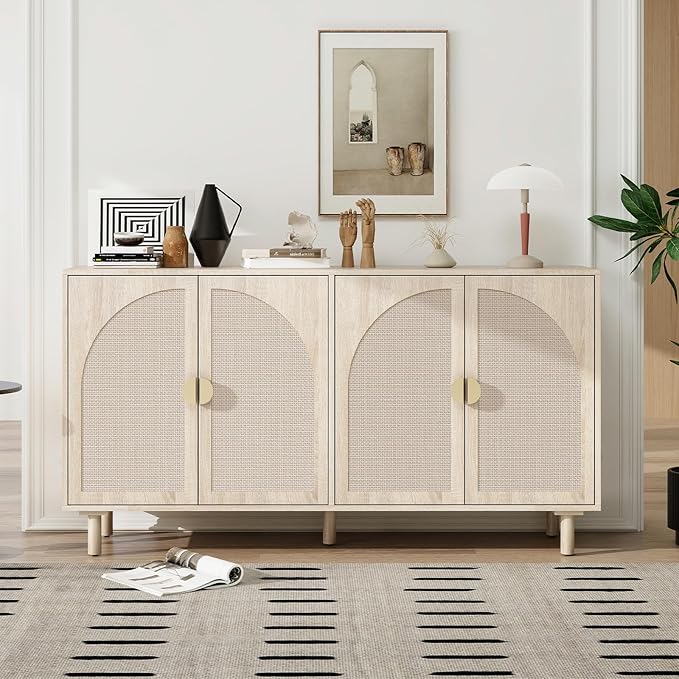 Beige Sideboard Cabinet with 4 Rattan Doors, Rattan Buffet Cabinet with Adjustable Shelves & Pine Legs, Boho Sideboard Buffet for Living Room, Kitchen, Entryway, Beige