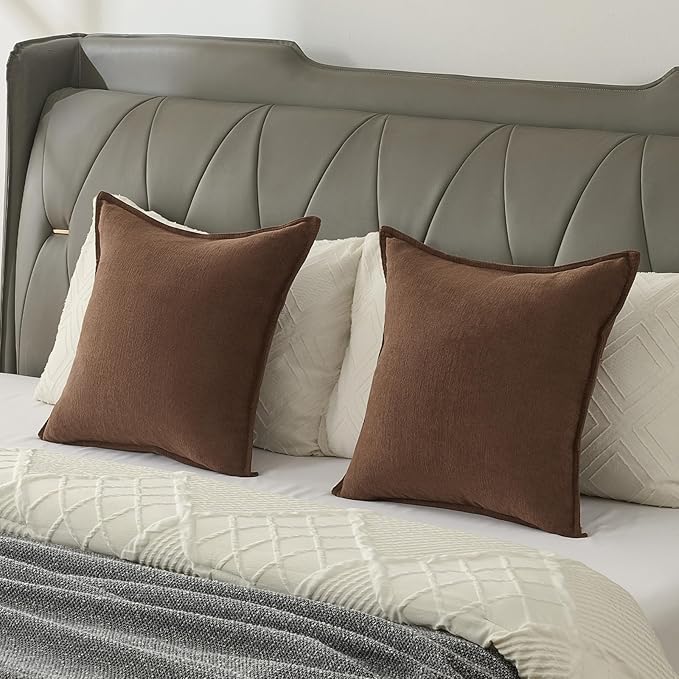 FUTEI Brown Chenille Throw Pillow Covers 26x26 Inch Set of 2,Edges Double-Stitched Euro Pillow Shams,Modern Home Decor for Couch Living Room
