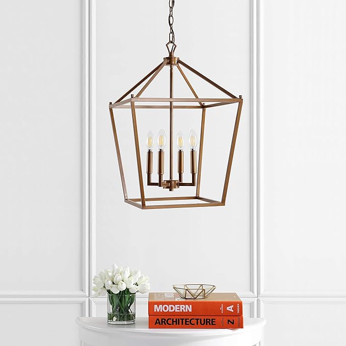 JONATHAN Y JYL7437B Pagoda Lantern Dimmable Adjustable Metal LED Pendant Classic Traditional Farmhouse Dining Room Living Room Kitchen Foyer Bedroom Hallway, 16 in, Antique Gold