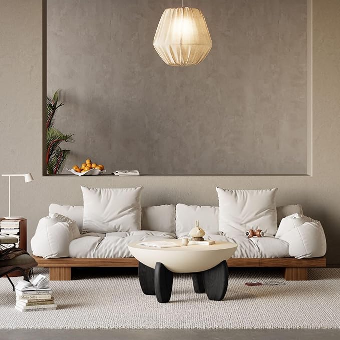 homary Round Concrete Coffee Table with Premium Walnut Ash Wood Legs, Modern Minimalist Cement Finish Center Table for Living Room (Black, 29.9" W x 29.9" D x 14.4" H)