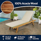 JONATHAN Y LNG1000E Mallorca 77.56"x23.62" Modern Classic Adjustable Acacia Wood Chaise Outdoor Lounge Chair with Cushion & Wheels Coastal, Bohemian, Minimalist, Traditional, Light Gray/Natural