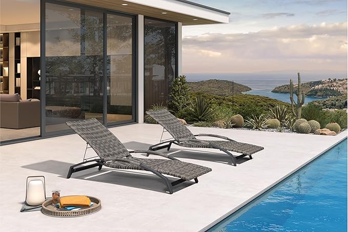 PURPLE LEAF Patio Chaise Lounge Chair Set of 2 Wicker Tanning Outdoor Pool Adjustable Recliner Chair for Outside Beach Poolside Sunbathing Lounger Light Gray