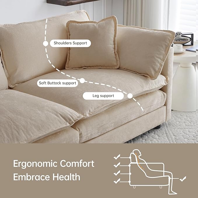 Modular Sectional Sofa, 111.5 Inch L-Shaped Cloud Sofa with Deep Seat Chenille Sofa with Cushions, Three-Self Sectional Sofa for Living Room Apartment,Light Coffee