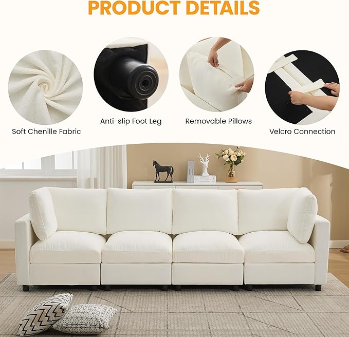 4-Seater Modular Sectional Cloud Sofa, Straight-Line Couches for Living Room, Modern Upholstered Deep Seat Sofa, Chenille Beige