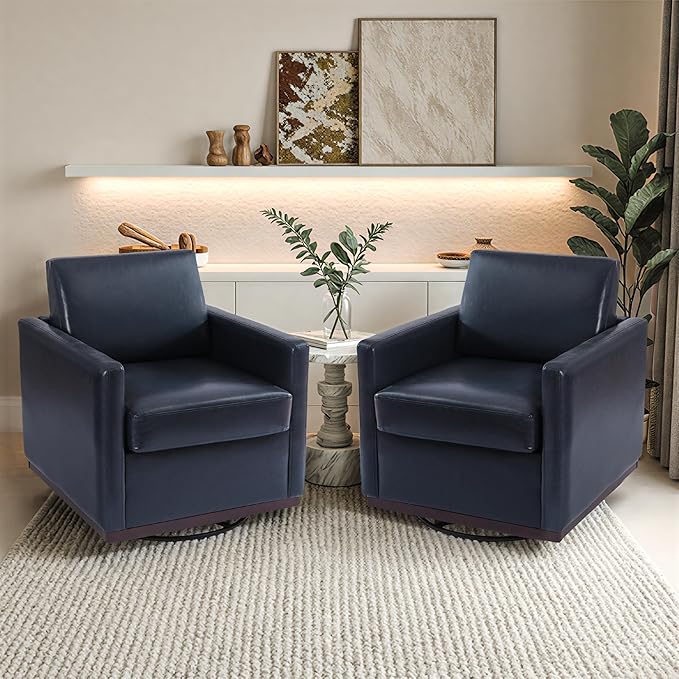 Pia Ricco Single Swivel Barrel Chair, Modern Accent Armchair in Easy-Clean PU Leather, Mid-Century Style for Living Room or Home Office, Navy