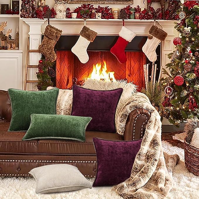 decorUhome Christmas Chenille Soft Throw Pillow Covers 20x20 Set of 2, Farmhouse Velvet Neutral Decorative Euro Pillow Covers with Stitched Edge for Couch Sofa Bed Home Decor, Rhododendron