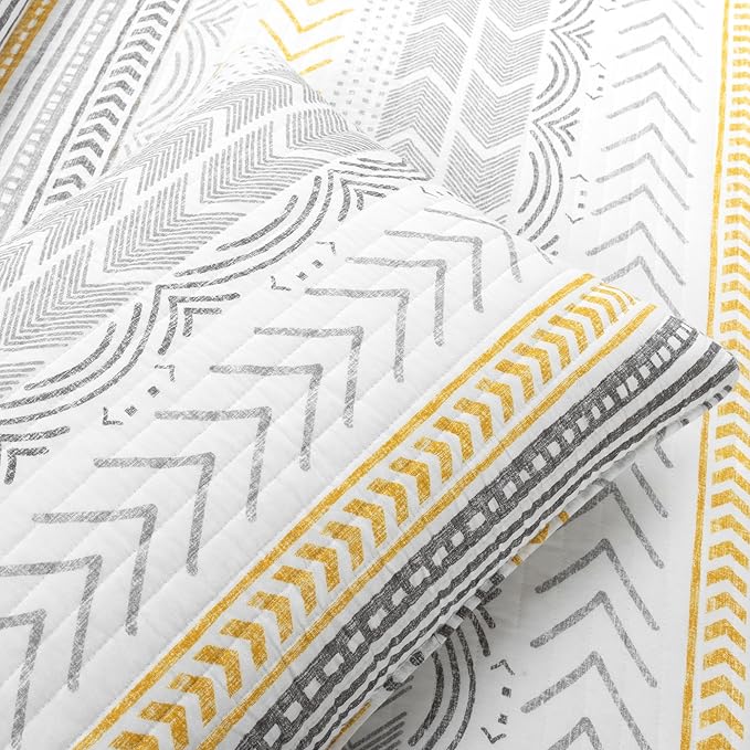 Lush Decor Hygge Geo Pattern Striped 3 Piece Quilt Bedding Set, Full/Queen, Yellow