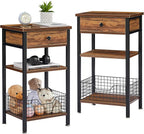 VECELO Tall End Side Tables,27 Inch Night Stand with U-Shape Basket and Storage Drawer/Shelf for Living Room/Bedroom/Small Spaces,Set of 2,Brown