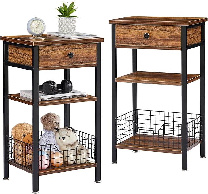 VECELO Tall End Side Tables,27 Inch Night Stand with U-Shape Basket and Storage Drawer/Shelf for Living Room/Bedroom/Small Spaces,Set of 2,Brown