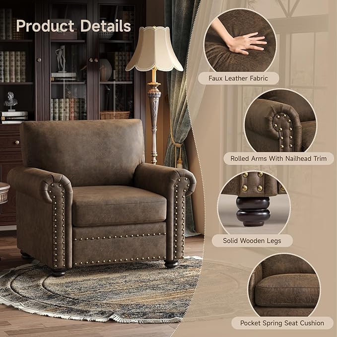 ONBRILL Nailhead Trim Accent Chair, Faux Leather Club Chair for Living Room, Comfy Armchair with Springs Cushions & Solid Wood Legs, Traditional Rolled Arms Single Sofa for Bedroom, Apartment, Brown
