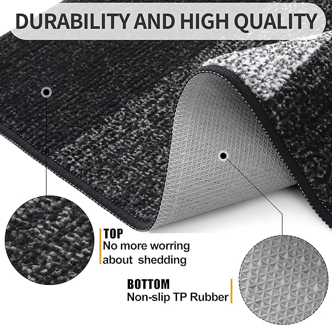Kitinjoy Indoor Outdoor Door Mat, 47x24 Non-Slip Absorbent Dirt Trapper, Low-Profile Washable Inside Entrance Front Floor Mat, Sturdy Soft Entry Doormats for Entryway, Black
