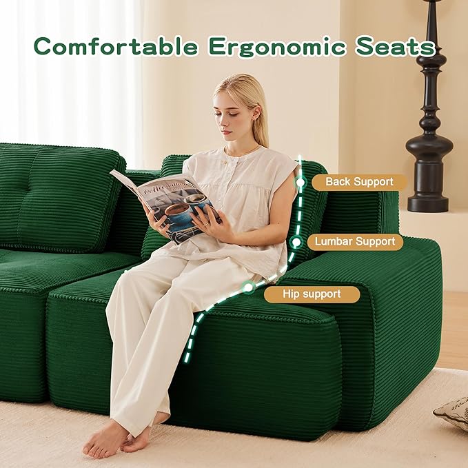 80.3” Green Boneless Couches for Living Room, Modular Sectional Sofa, 2 Seater Comfy Upholstered Loveseat Deep Seat Corduroy Fabric Cloud Couch No Assembly, Anti-Slip Design