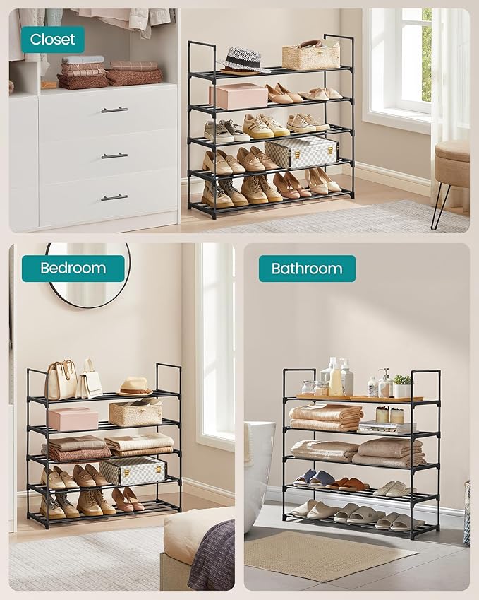 SONGMICS Shoe Rack, 5-Tier Shoe Organizer, Metal Storage Shelf, Upright or Upside Down, for 20-25 Pairs, Stackable, for Entryway, 11.8 x 36.2 x 35.4 Inches, Black ULSA305BH01